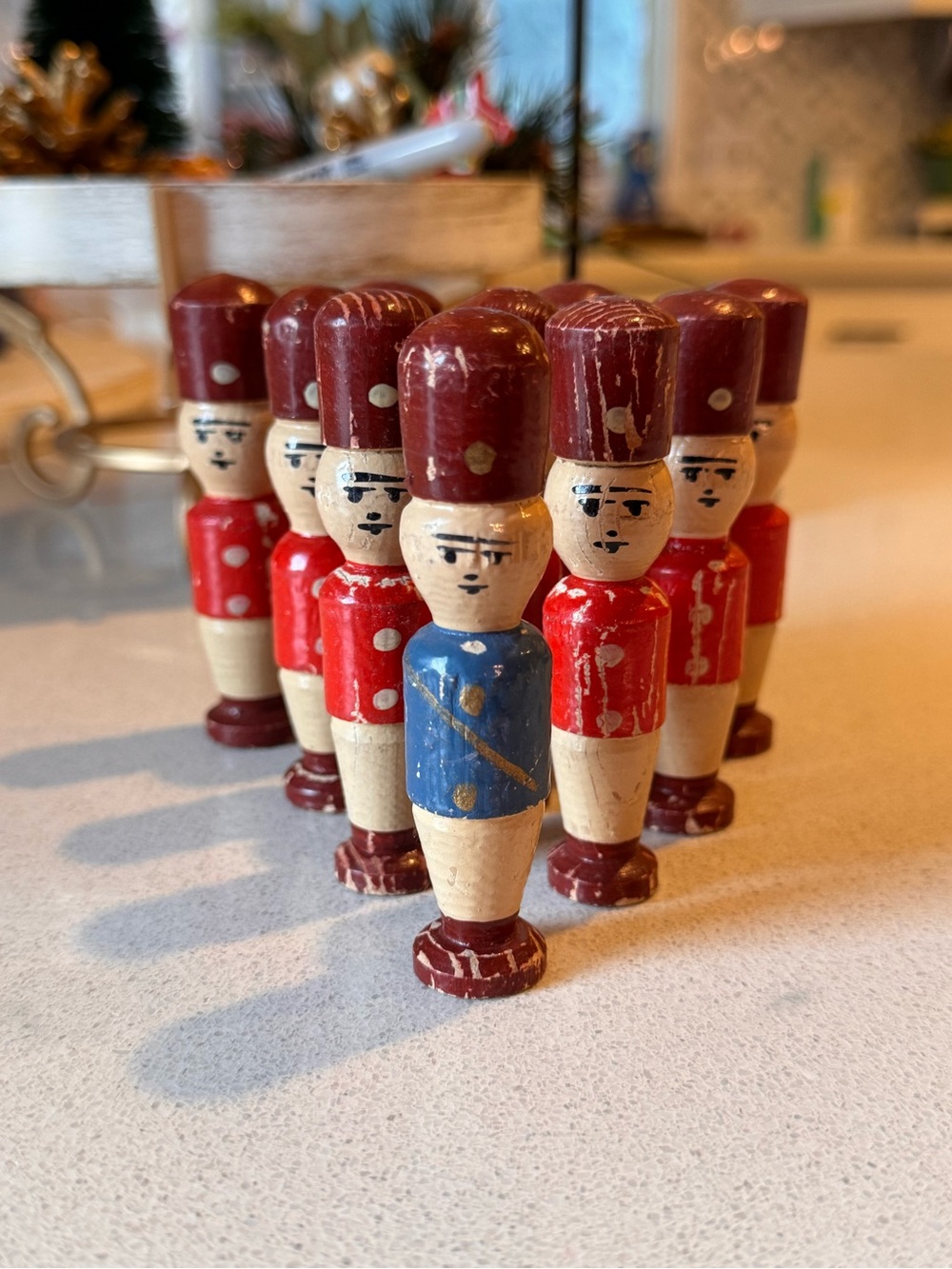 VTG Czech Hand-Painted Wooden Toy Soldiers Skittles - Red & Blue Set of 10